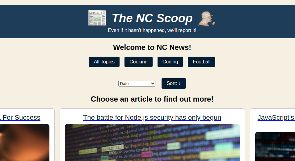 A clean news app interface displaying headlines, articles, and categories